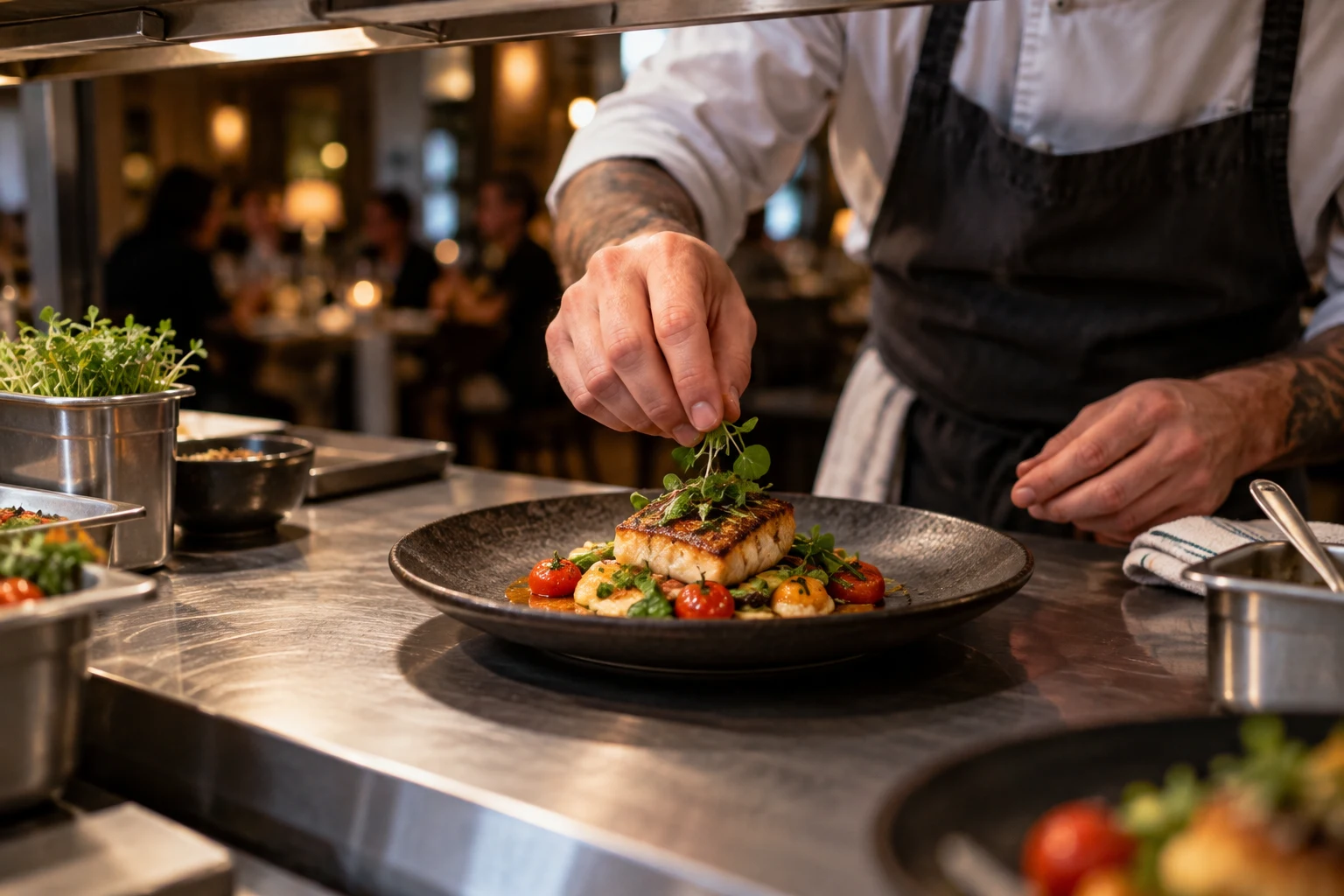 A chef finishing a plate of fish, tomatoes, and greens at a restaurant kitchen pass.